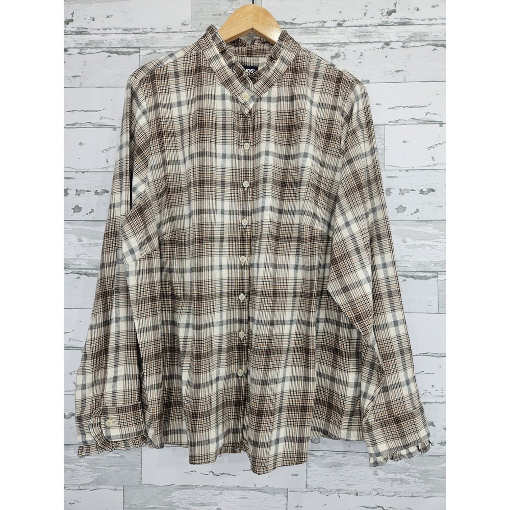 Lands End Womens 2X Brown Plaid Ruffle Collar Button Up Blouse Long Sleeve Top